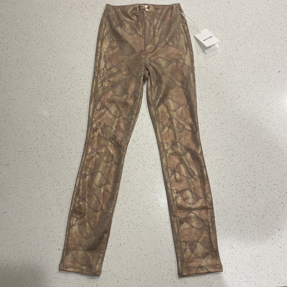 MOTHER High Waisted Seamless Looker Ankle Snakeskin Size 23 Metallic Tan Stretch